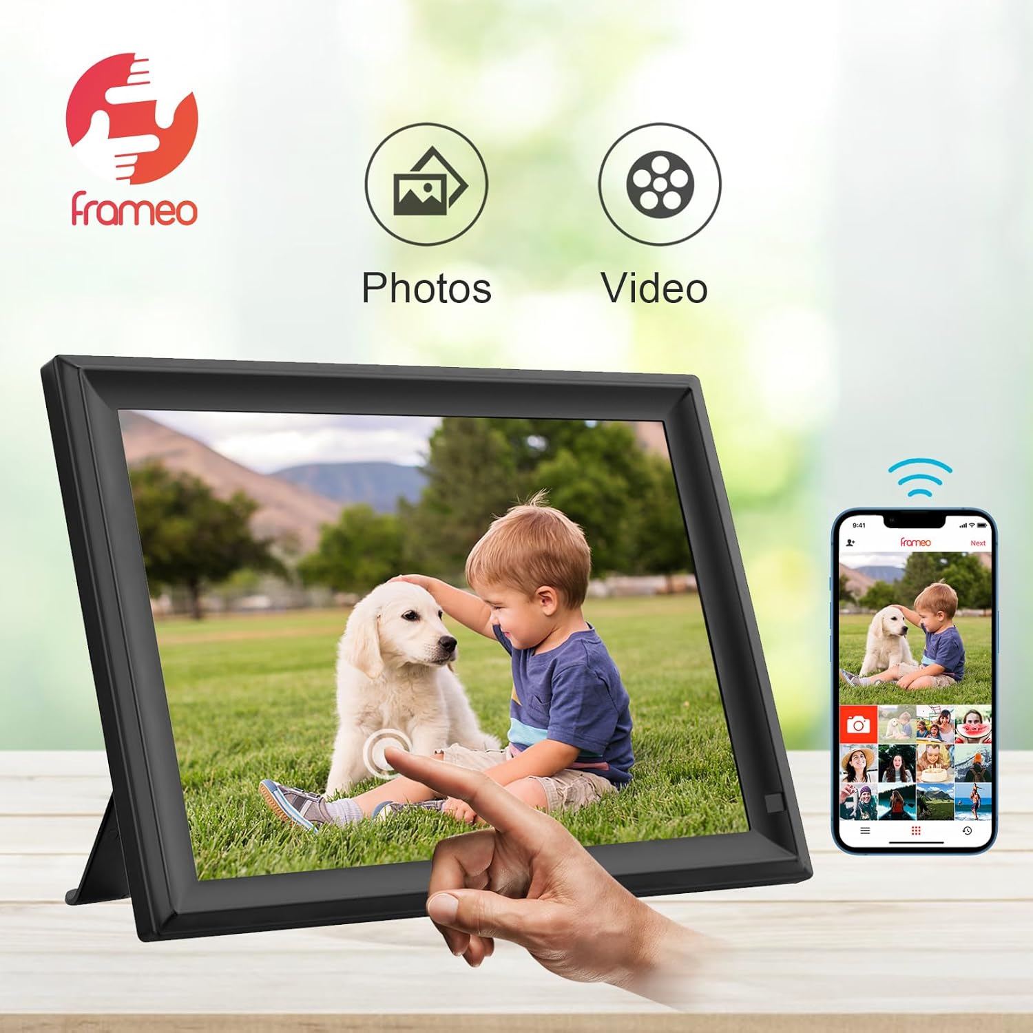 15.6inch FRAMEO Digital Photo Frame with 1920x1080 FHD IPS LCD Touch Screen, Dual-WiFi Share Photos & Videos Via Frameo App, Support USB Drive/SD Card Extend Storage, Motion Sensor, Auto-Rotate