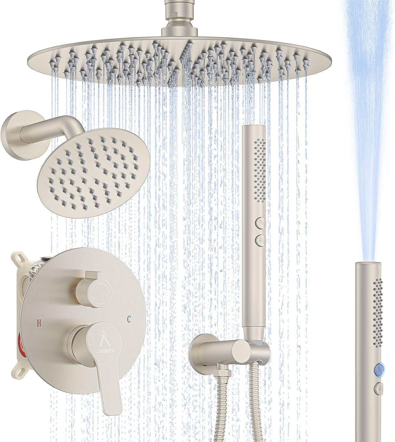 Shower System Shower Faucet Set Rainfall Shower Set with Valve 12+6" Dual Rain Shower Head with Handheld Ceiling Mount Wall Mount Shower Head Shower System, Brushed Nickel