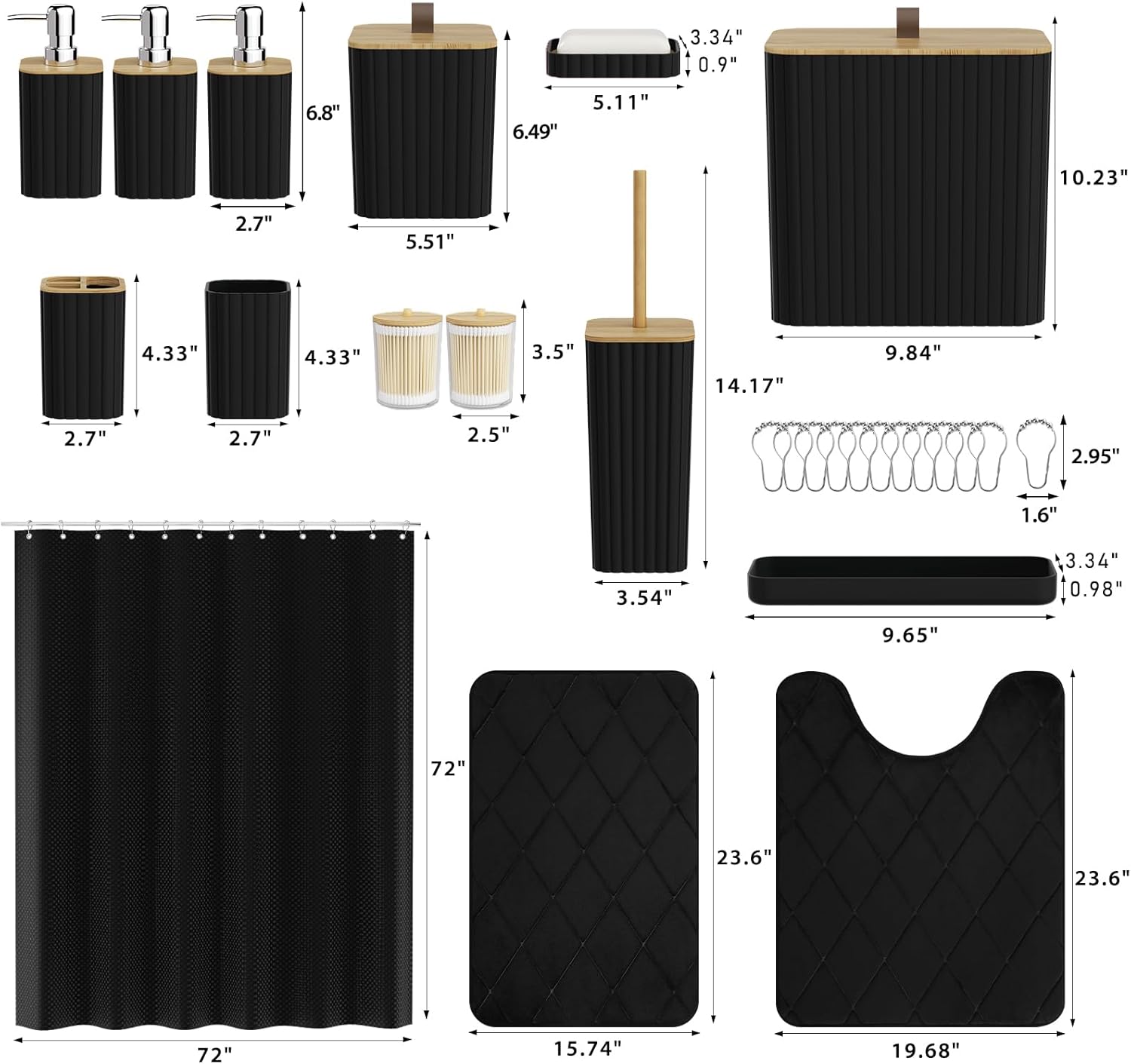 Bathroom Accessory Set - Black Bathroom Set, 27PC Bathroom Accessories Set, Bathroom Sets with Shower Curtain and Rugs, Mini Trash Can, Toilet Brush, Trash Can & Soap Dispenser