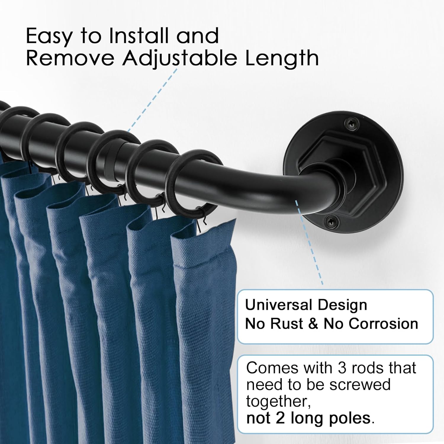 Curtain Rods for Windows 16 to 45 Inches Adjustable Blackout Wrap Around 1 Inch Diameter Curtain Rod, Black