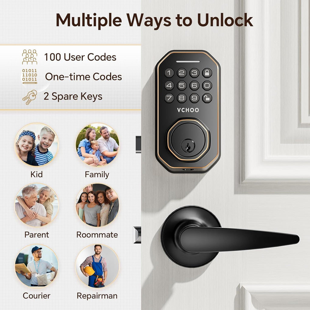 Keyless Entry Door Lock Set Smart Locks for Front Keypad Door Lock with Handle Automatic Lock One Time Password Anti Peeping Password IP54, Bronze