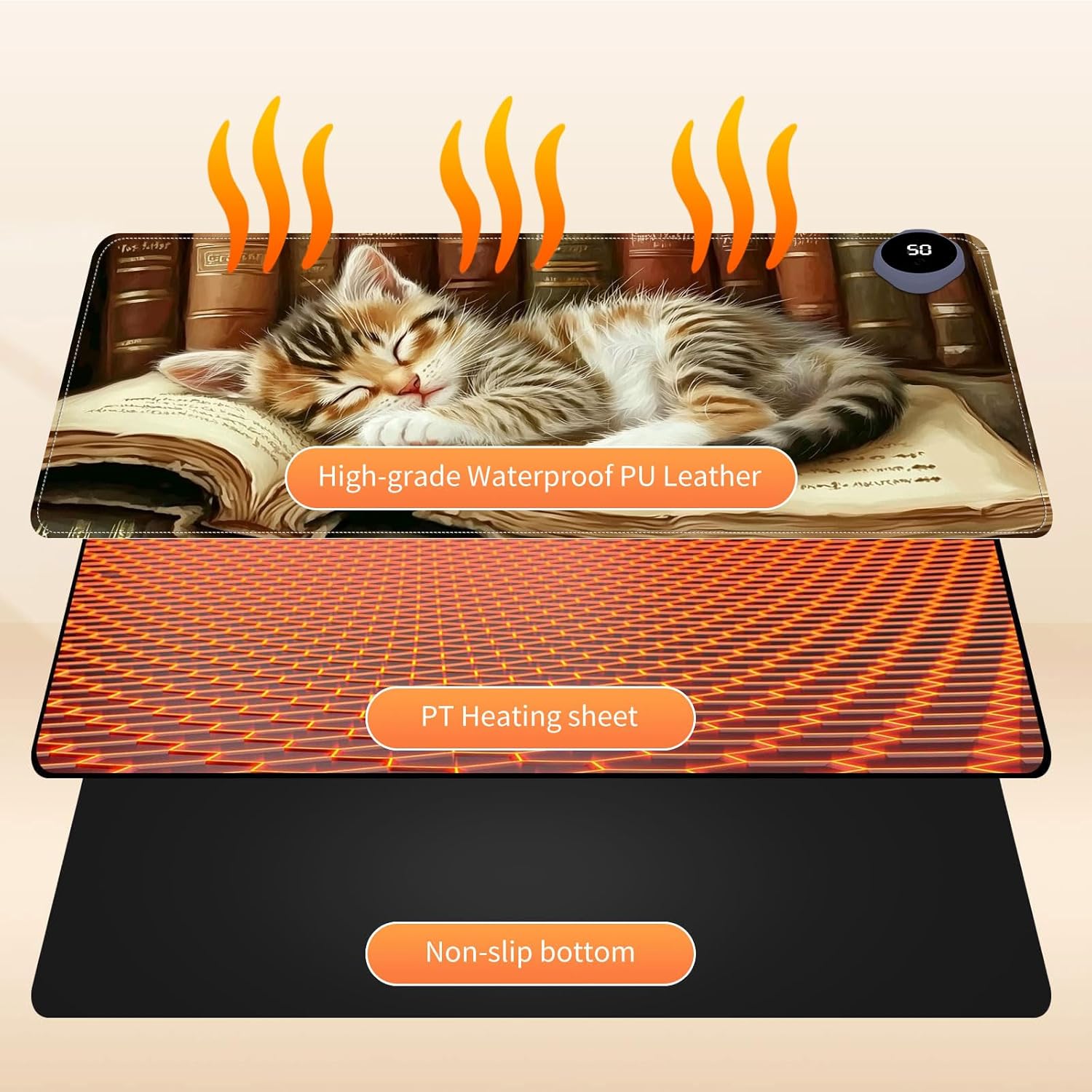 Small Heated Desk Pad 23.6" x 14.2" – Compact Electric Mouse Pad with 3 Heating Levels, Auto Shut-Off, Waterproof PU Surface, Plug-in Warmer for Office or Home Use, Kitten on Book