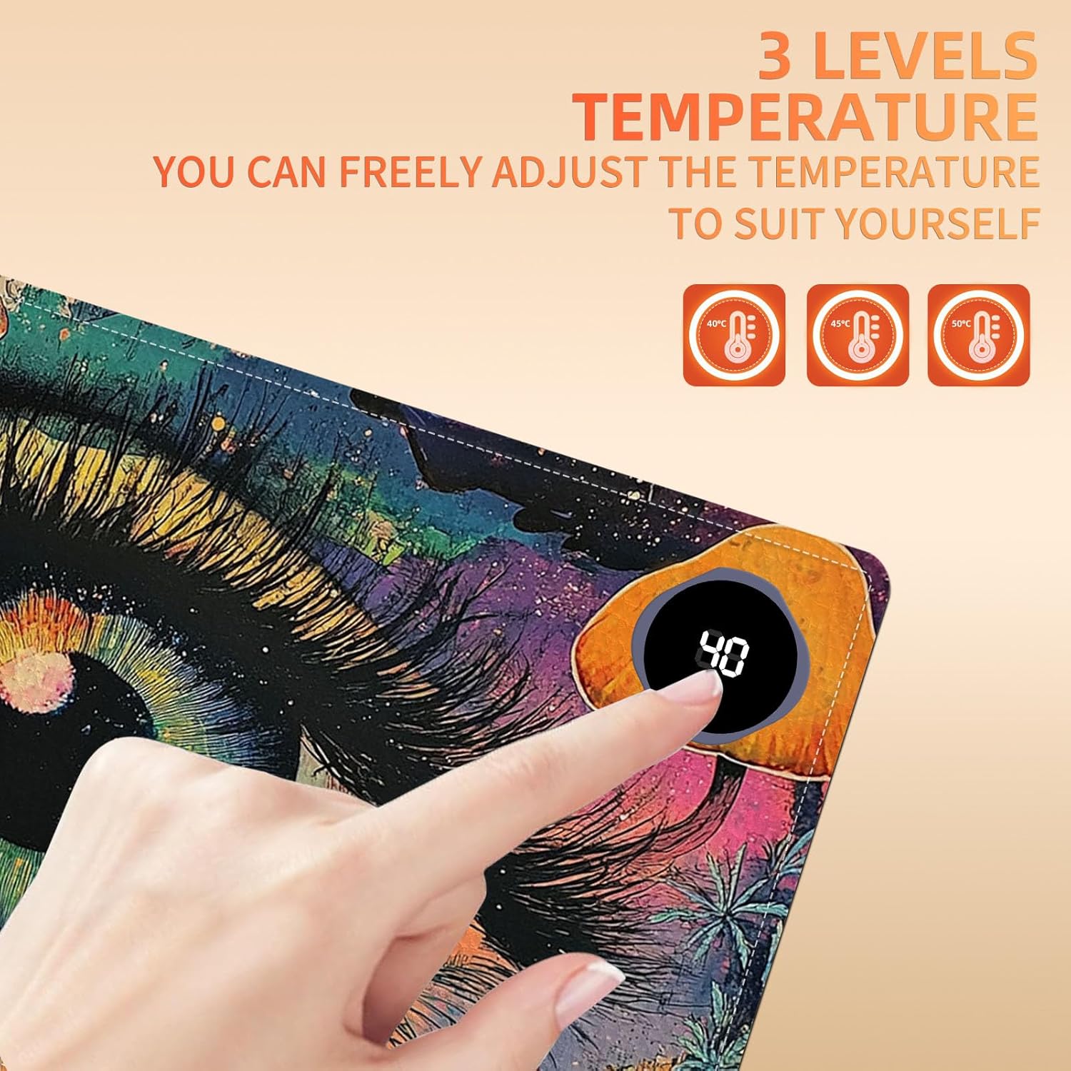 Heated Mouse Pad 23.6 x 14 in 3-Temp Fast Heating Desk Mat with Auto Timer Warmer for Hands Wrist Pain Relief Waterproof Keyboard Mat for Office, Gaming, Home, Colorful Eye Art