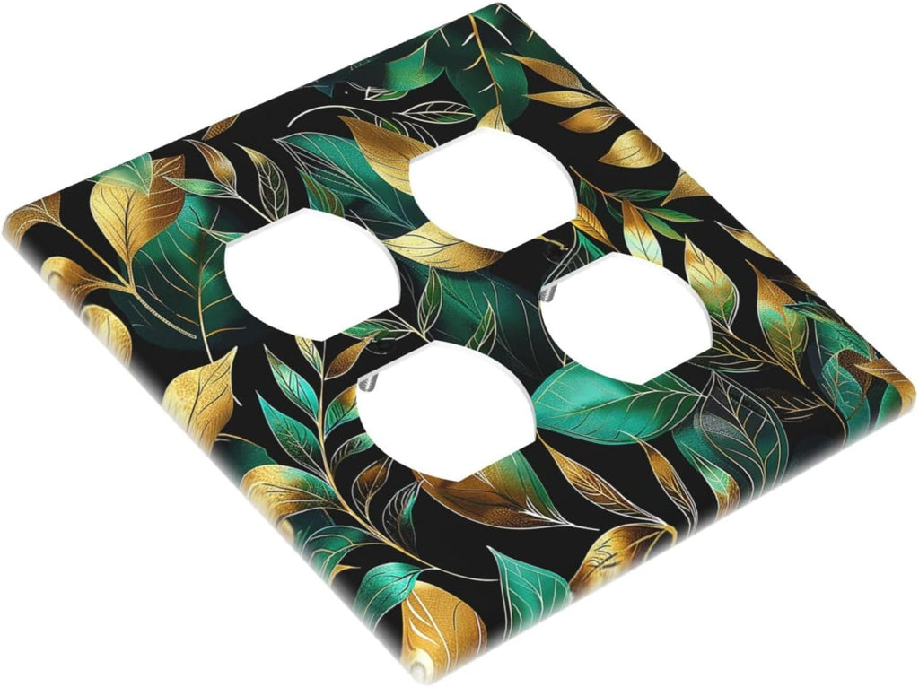 Outlet Covers Vintage Dark Green Vine Leaf Golden Plants 2 Gang Double Duplex Decorative Light Switch Covers Electrical Wallplates Socket Faceplate for Bed Room Cabin Decor