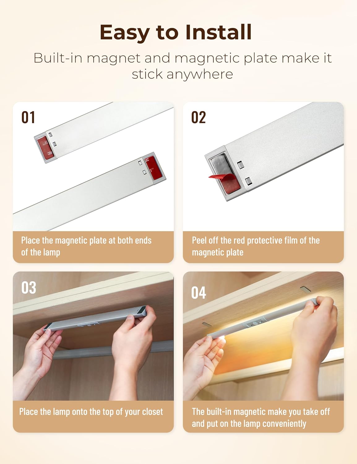 Joyzy Automatic Motion Sensor Closet Lighting with Eye-Protection Design, LED Closet Lights for Under Cabinet Wireless Light, Rechargeable Wardrobe Pantry Lights (2pack with Warm Lighting)