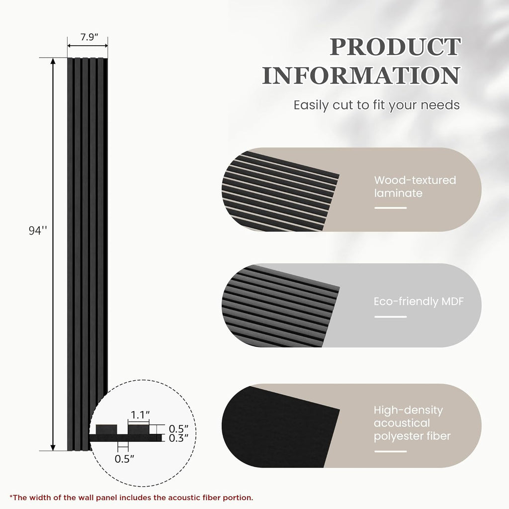 Wood Salt Acoustic Wall Panels, 6 Piece 94" x 7.9" x 0.8" Soundproof Wooden Wall Panels, 3D Fluted Sound Absorbing Panel, Matte Black