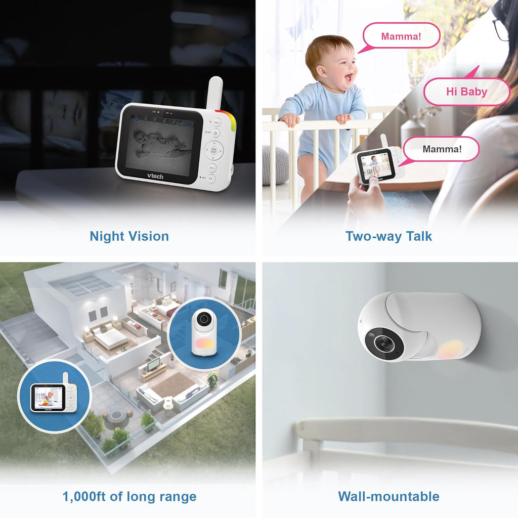 VTech Video Baby Monitor with Camera and Audio, 3.5" LCD Screen, Pan-Tilt-Zoom, 2-Way Talk, VOX Mode, Night Light, Lullabies, Soothing Sounds, Temperature Sensor, Long Range, No WiFi: VM4263 (White)