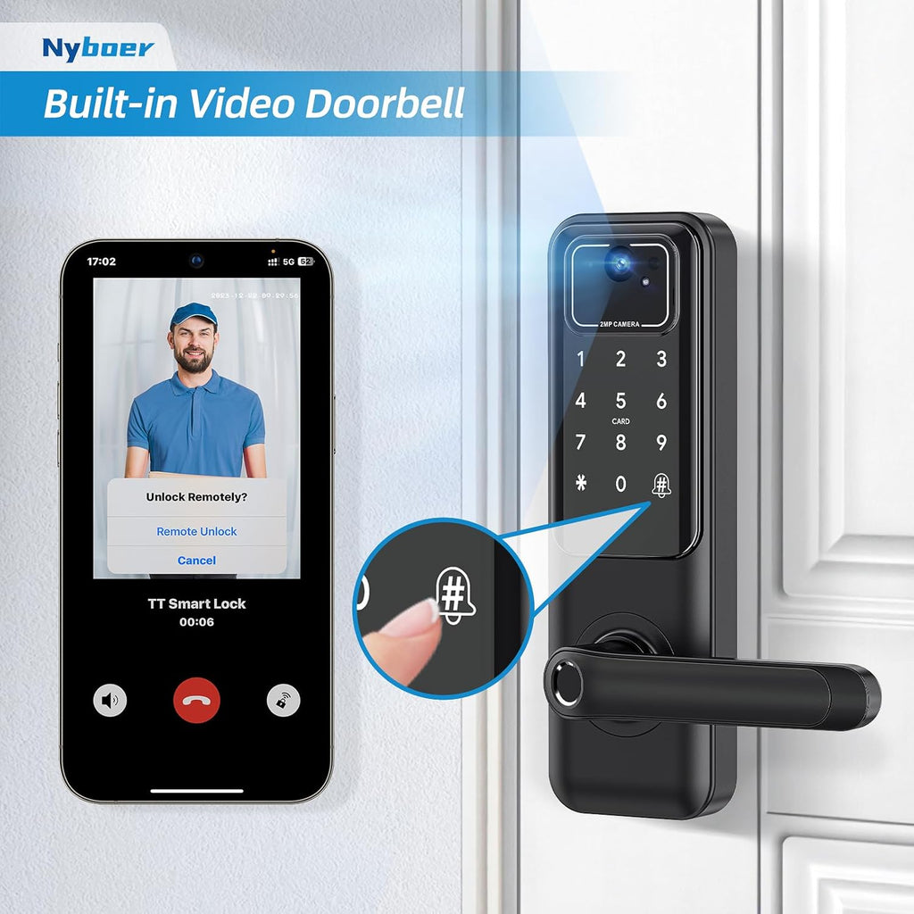WiFi Video Smart Door Lock with Camera & Doorbell, Keyless Entry Fingerprint Lock with Handle for Front Door, Nyboer Keypad Electronic Digital with Rechargeable Lithium Battery, Easy Installation