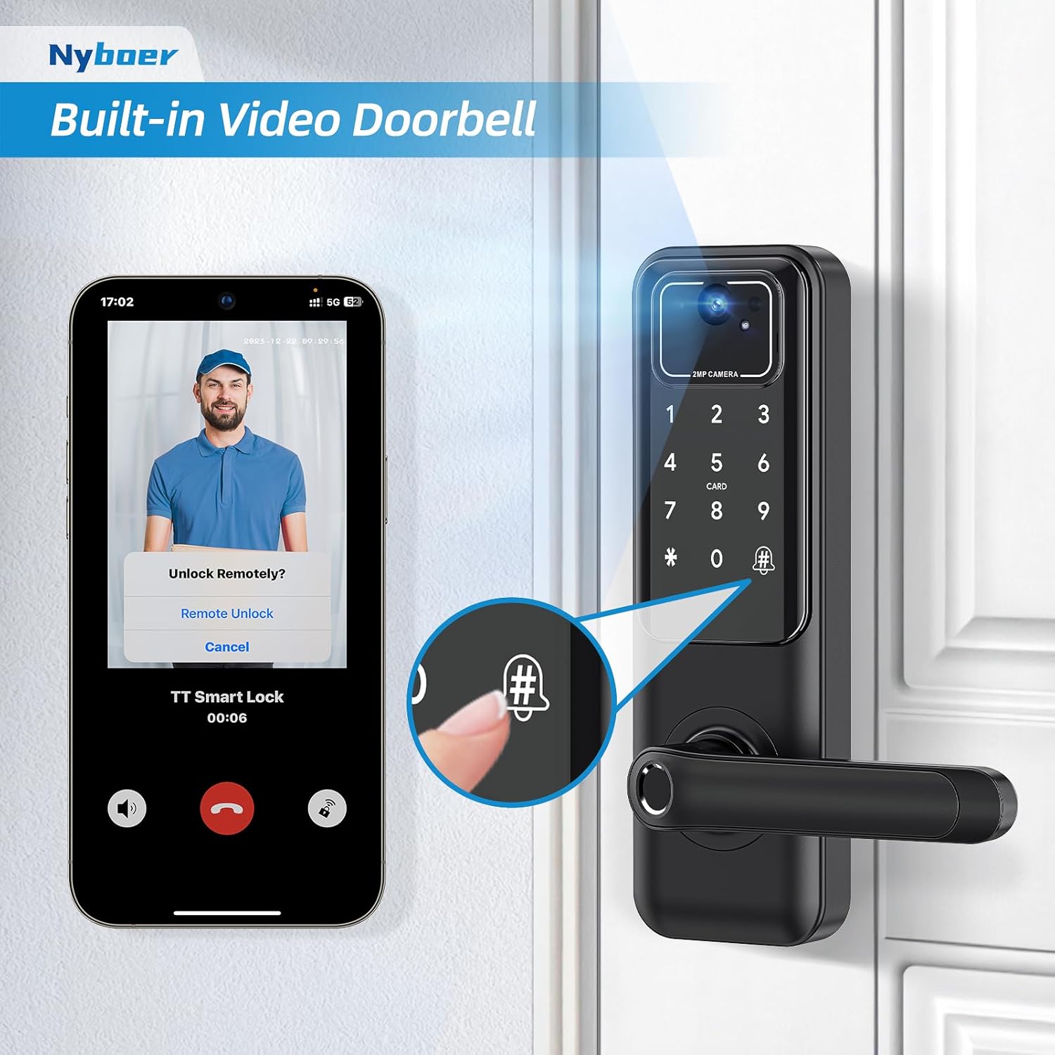 WiFi Video Smart Door Lock with Camera & Doorbell, Keyless Entry Fingerprint Lock with Handle for Front Door, Nyboer Keypad Electronic Digital with Rechargeable Lithium Battery, Easy Installation