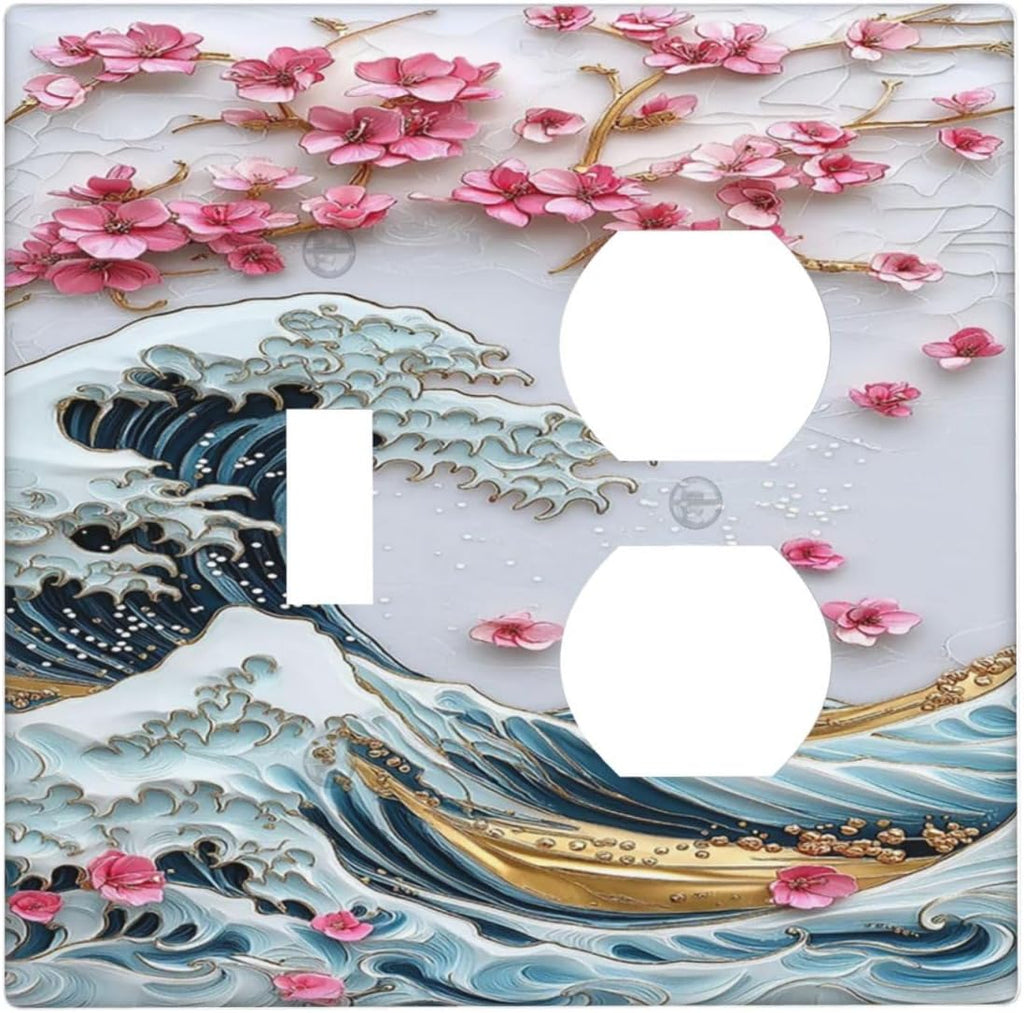 Wallplates The Great Wave Off Kanagawa With Sakura 1 Toggle 1 Duplex Switch Plate Electrical GFCI Faceplate Decorative Light Switch Covers for Bedroom Bathroom Decor