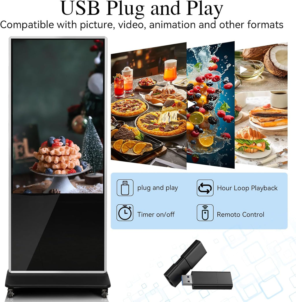 55" 4K LCD Touchscreen Digital Signage Display, Indoor Floor Standing Advertising Player, Commercial Digital Signage Kiosk with Auto AD Player, HDMI WiFi Bluetooth Input, Android 12.0 Black