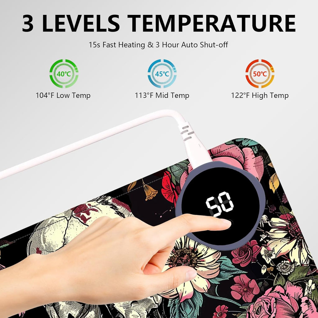 Heated Mouse Pad with 3 Levels Heated & 3 Hours Auto Shut-Off Mouse Pad for Warming Hands in Office Home, 31.5" x 13"Large Safe Desk Mat Hand Warmer，Skull in Flowers