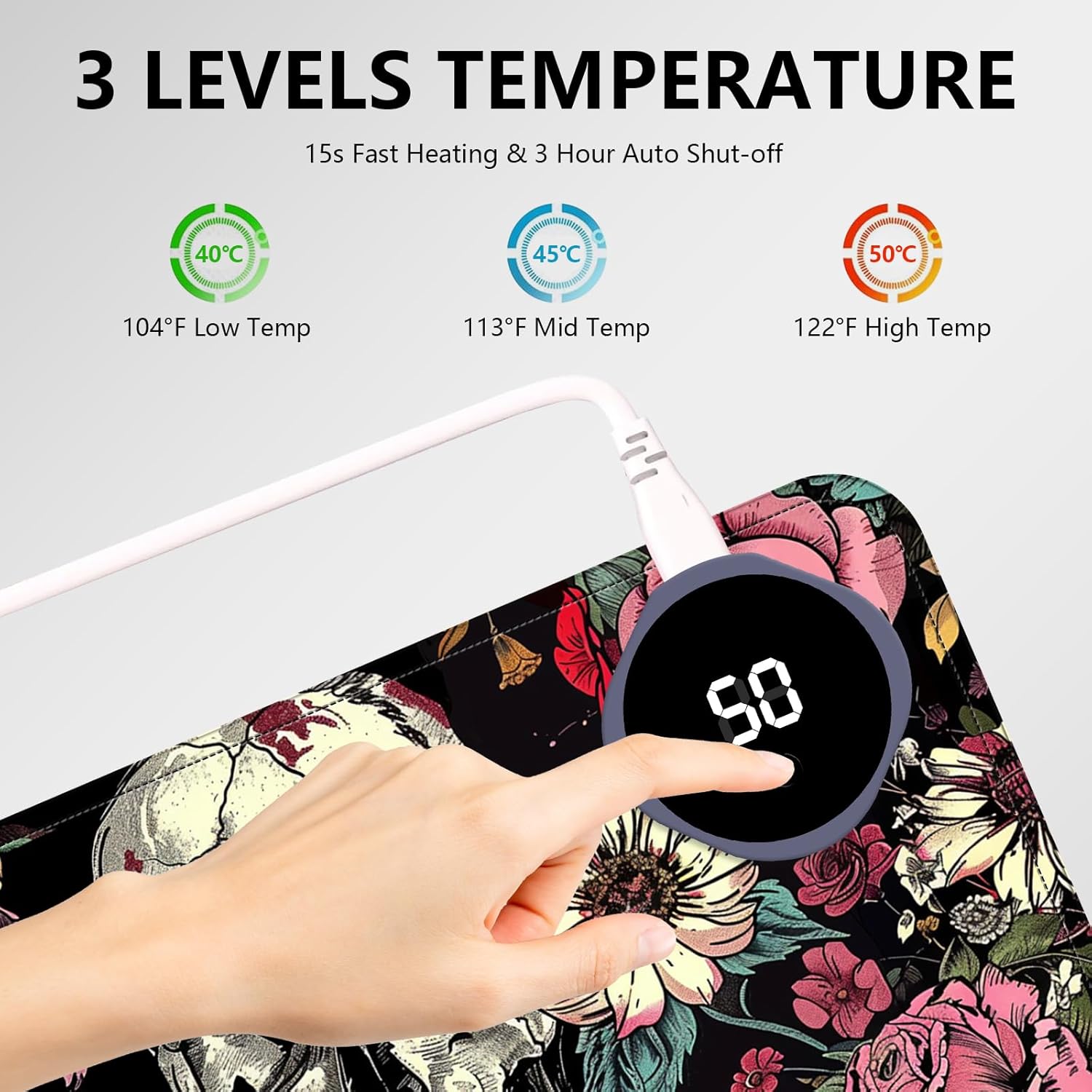Heated Mouse Pad with 3 Levels Heated & 3 Hours Auto Shut-Off Mouse Pad for Warming Hands in Office Home, 31.5" x 13"Large Safe Desk Mat Hand Warmer，Skull in Flowers