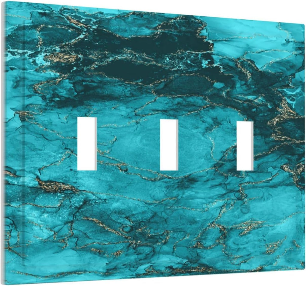 Decorative Light Switch Plate Covers Modern Abstract Turquoise Blue Marble Texture 3 Gang Artistic Wall Plate Unique Triple Toggle Light Switch Covers for Bathroom Home Decor
