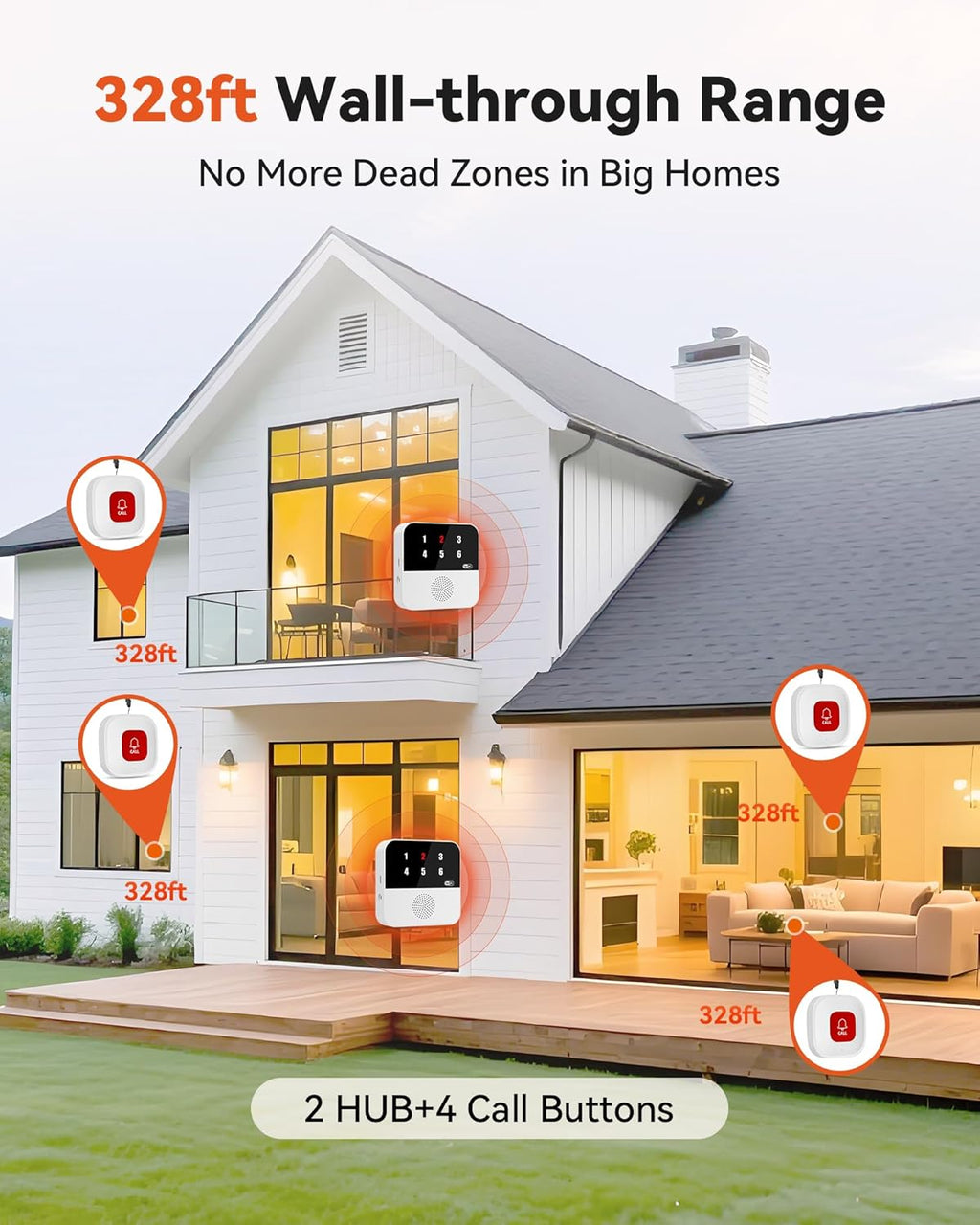 Wireless Caregiver Call Button System - Dual Hub, Multi-Location Alarm, Dsiplay Caller ID & App Alert, No Monthly Fee, 4 IP65 Panic Buttons, Emergency Alert for Elderly at Home/Nursing Homes