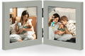 Double 4x4 Square Combo, Grey Wood Picture Frame, 3.5x3.5 Opening Foldable Photo Frame on Table-top or Wall