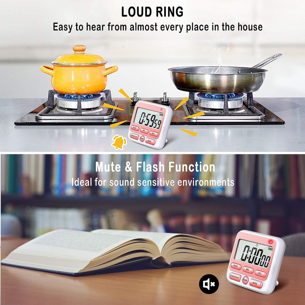 KTKUDY Digital Kitchen Timer with Mute/Loud Alarm Switch ON/Off Switch, 12-Hour Clock & Alarm, Memory Function Count Up & Count Down for Kids Teachers Cooking, Large LCD Display, Strong Magnet (Pink)