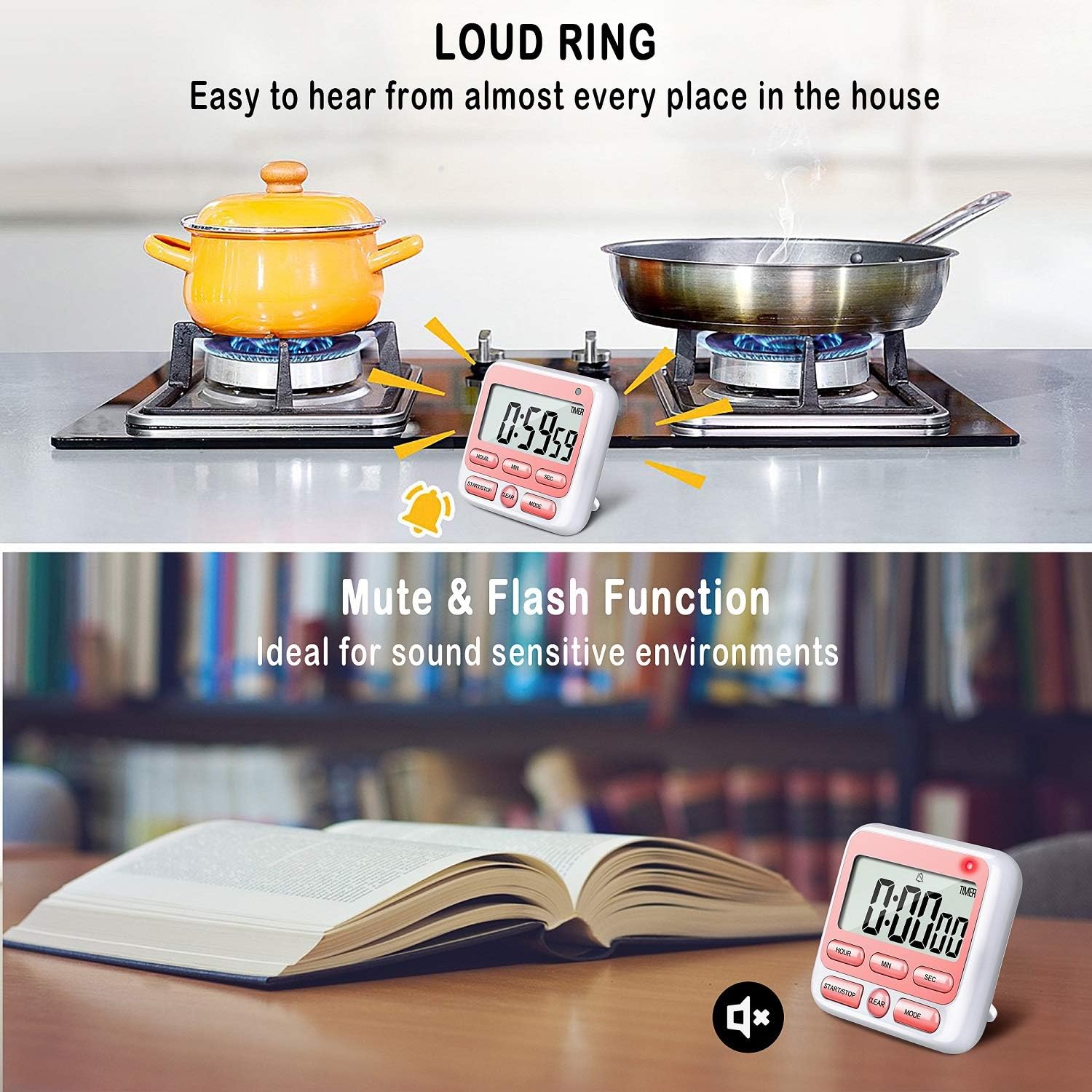 KTKUDY Digital Kitchen Timer with Mute/Loud Alarm Switch ON/Off Switch, 12-Hour Clock & Alarm, Memory Function Count Up & Count Down for Kids Teachers Cooking, Large LCD Display, Strong Magnet (Pink)