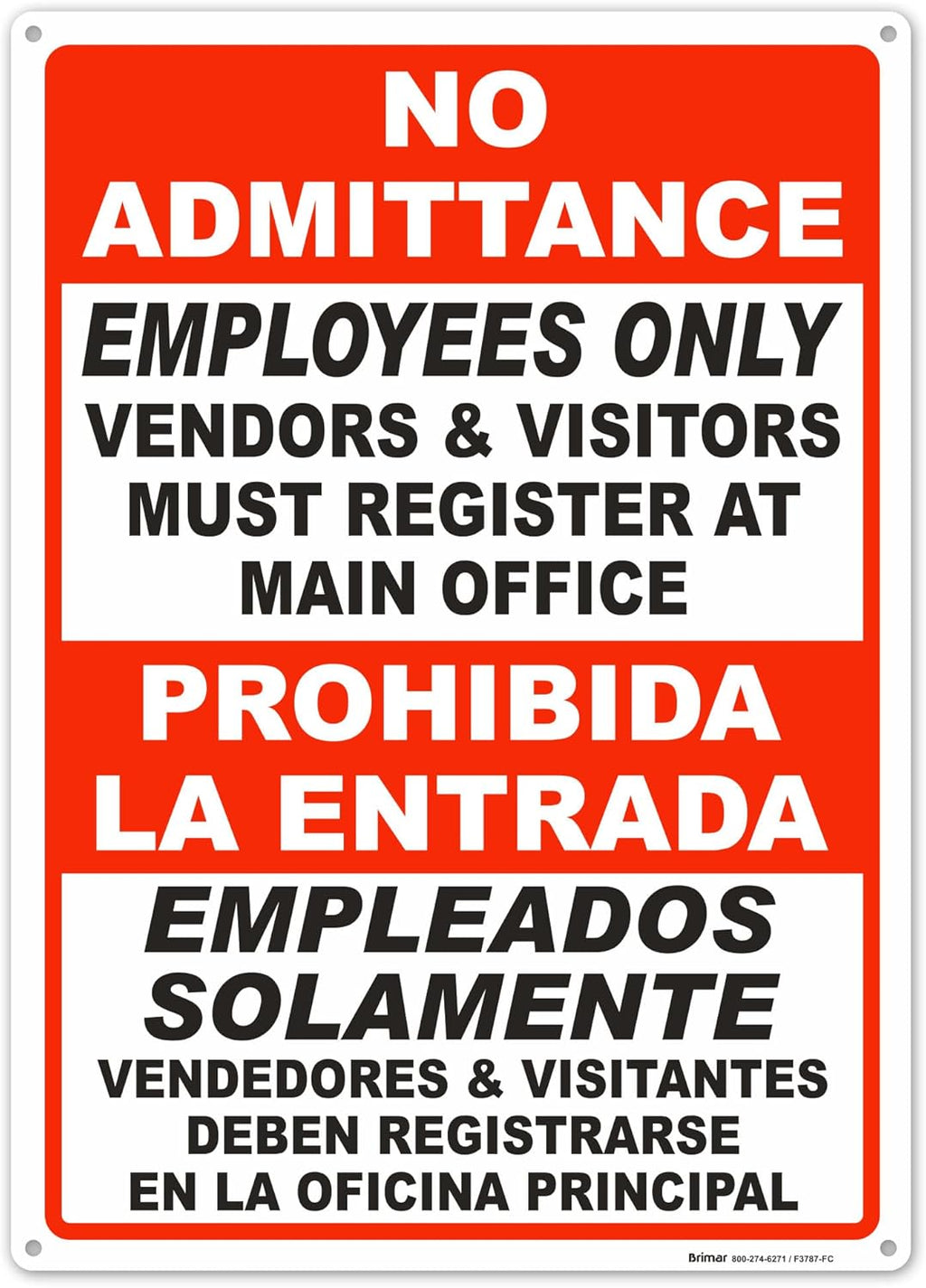 Brimar - 10" x 14" - Bilingual Vendors & Visitors Must Register Sign - .040″ Rust-Free Aluminum - High Visibility - Easy Installation