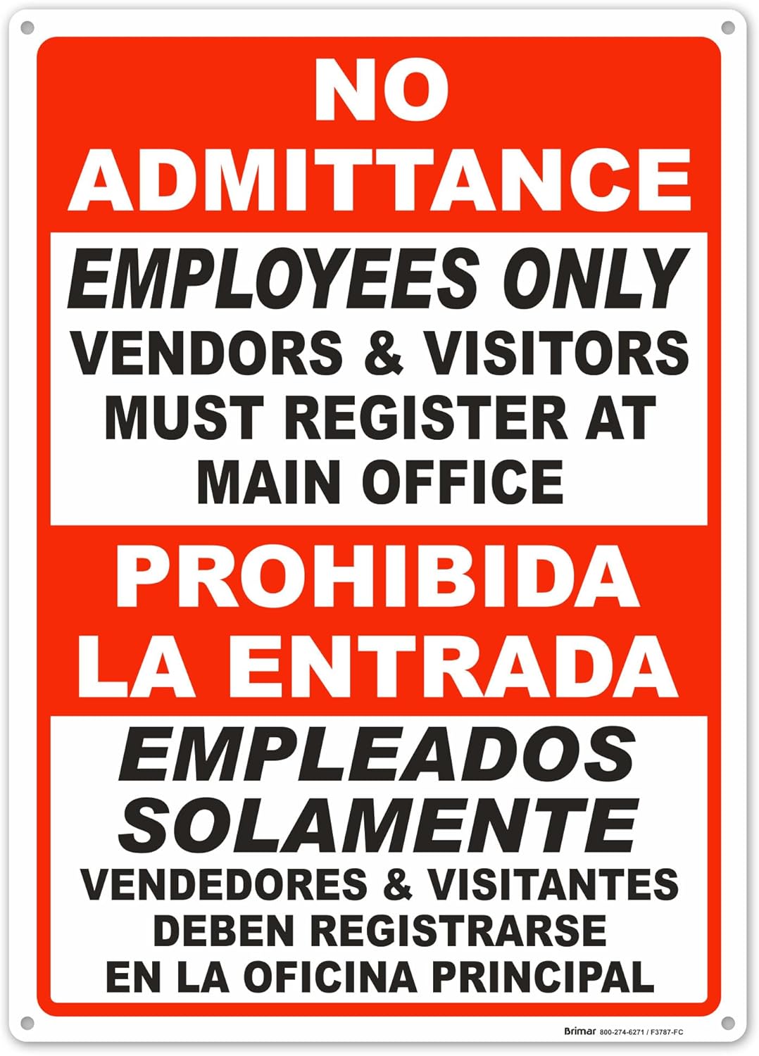 Brimar - 10" x 14" - Bilingual Vendors & Visitors Must Register Sign - .040″ Rust-Free Aluminum - High Visibility - Easy Installation