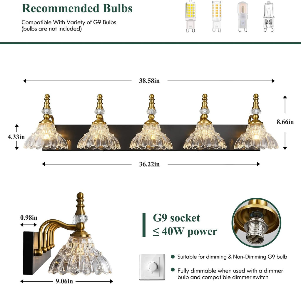Vintage Bathroom Vanity Light, 5-Light Black Gold Vanity Lighting Fixture with Flower Glass Shade, Bathroom Lighting Fixtures Over Mirror