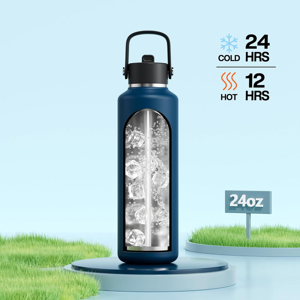 POWCAN 24 oz Water Bottle Insulated: BPA-Free, Leakproof Lid with Straw, Lightweight, Flex Cap, Stainless Steel Water Bottle for Office, Men, Gym, Commute, Worker, Walking, Cycling (Indigo Blue)