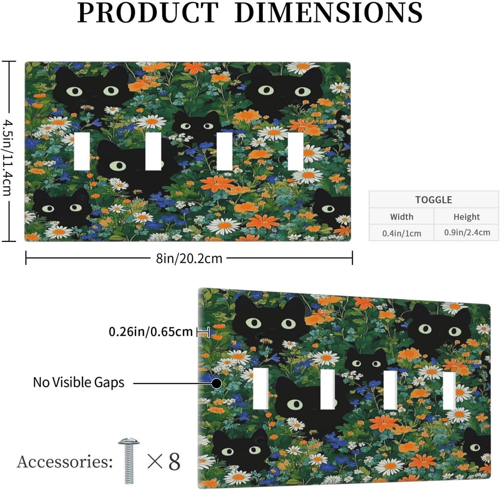 Boho Funny Black Cute Cats Daisy Wildflower Light Switch Covers Quad Toggle Electrical Faceplate 4 Gang Wall Plate Decorative Switch Plates For Kids Room Bed Room Decor