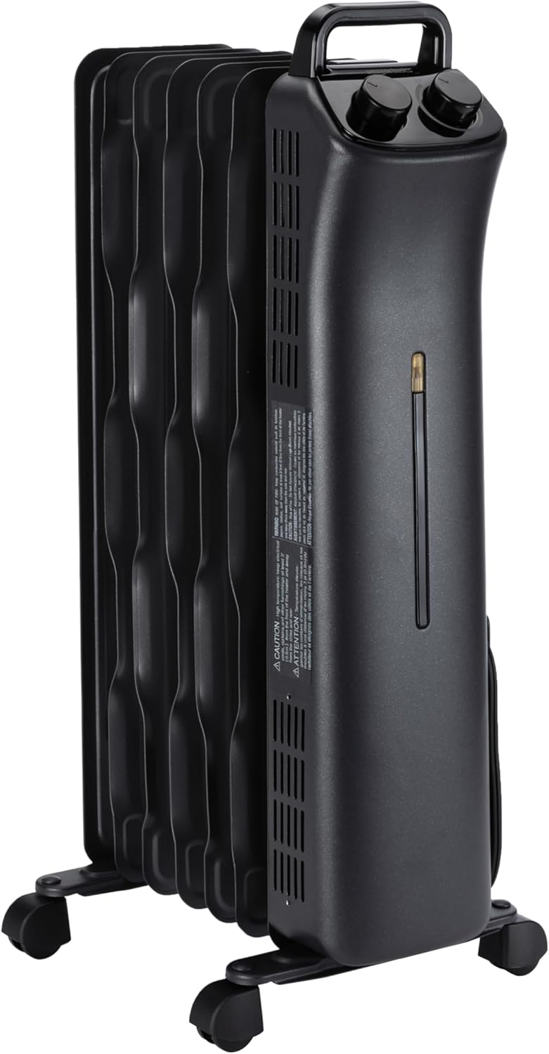 Amazon Basics Oil Space Heater, Portable Radiator Heater with 7 Oil-Filled Fins for Indoor Use, 3 Heat Settings, Thermostat, Tip-Over Protection, ETL Safety Certificate, Manual Control, 1500W, Black