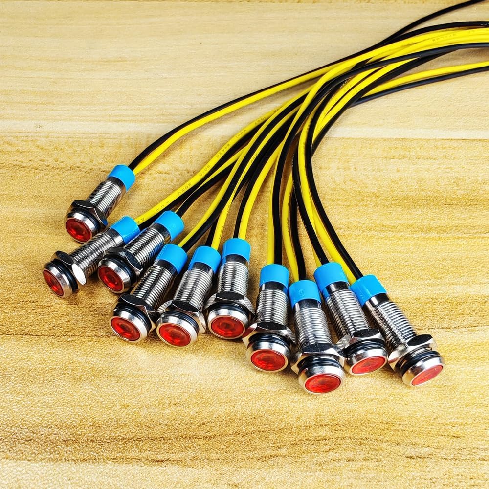 10Pcs 6mm 1/4" LED Metal Indicator Light 110V-220V/AC Waterproof Signal Lamp (Red)