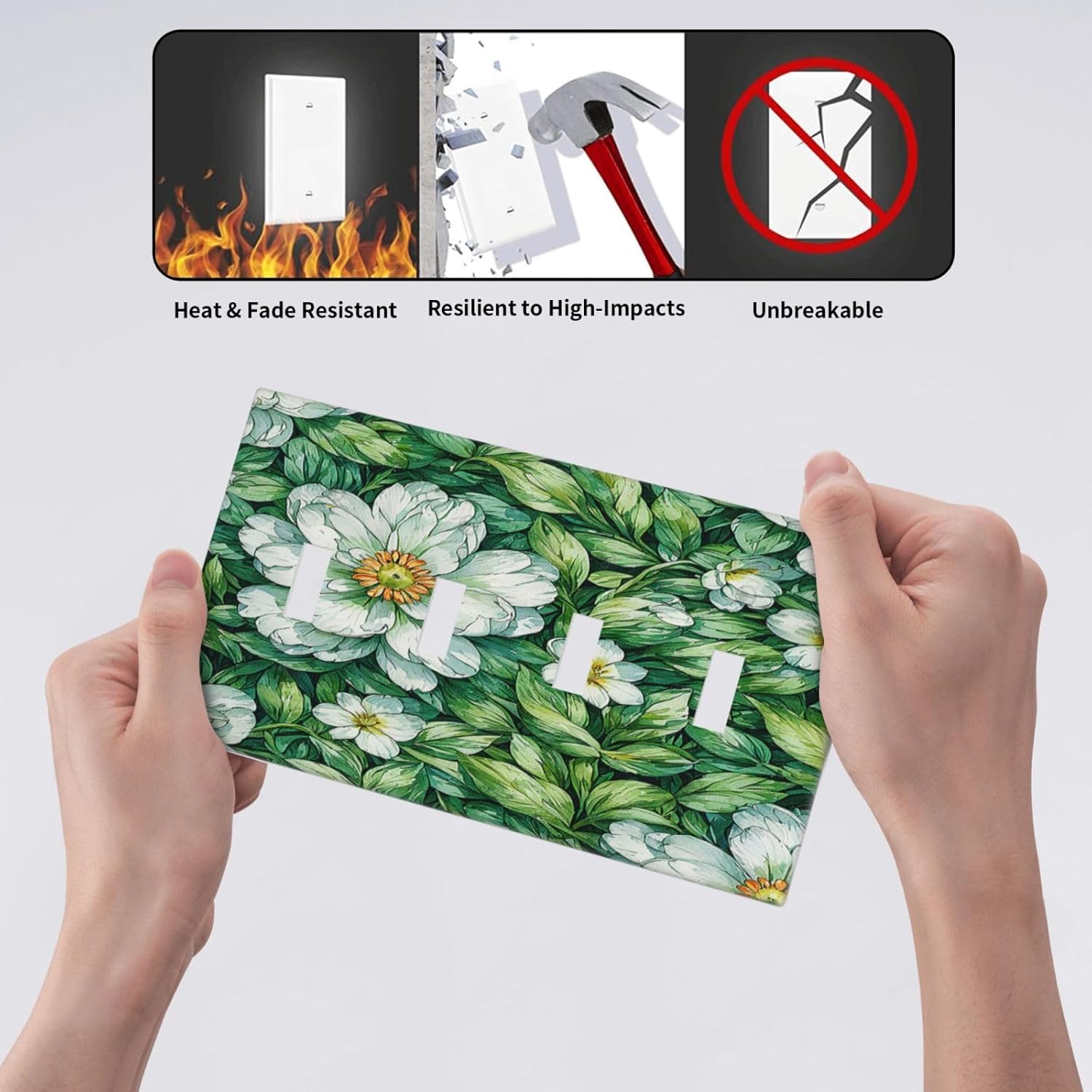 Vintage Floral White Flowers Green Plants Leaves Light Switch Covers Quad Toggle 4 Gang Wall Plate Decorative Switch Plates Electrical Faceplate for Bedroom Bathroom Decor