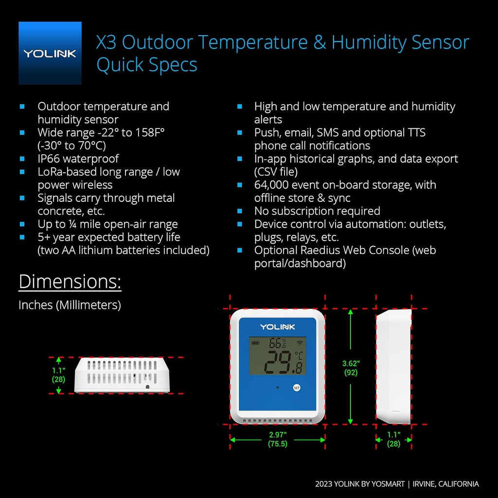 YoLink 2-Pack X3 Version Temperature Humidity Data Logger, Longest Wireless Range, 5+ Years Battery, Emails/Text/App Alerts, Alexa, Best Freezer, Greenhouse Monitor. Hub Included