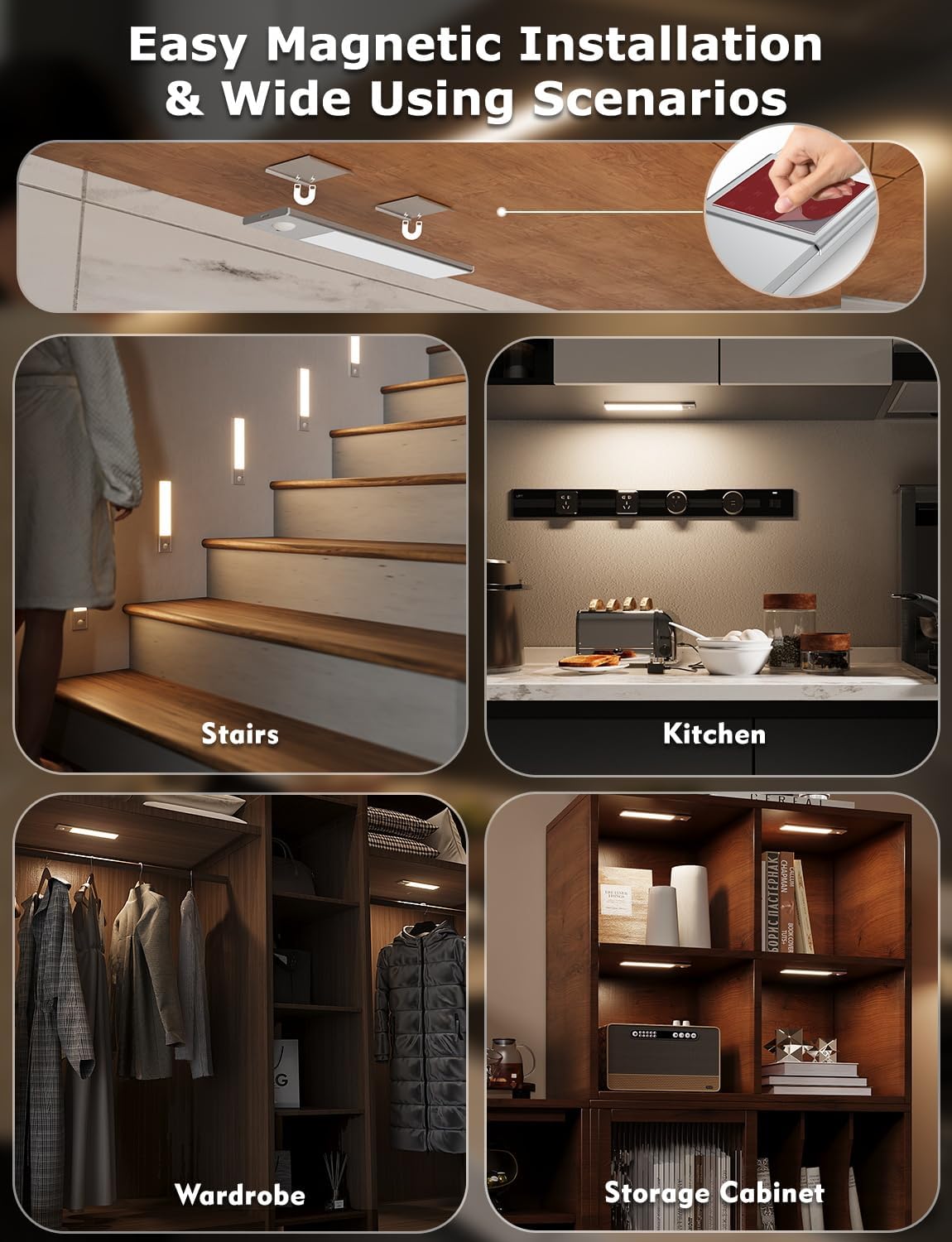 8" Ultra-Thin Under Cabinet Lighting Wireless, Aluminum Alloy Under Counter Lights for Kitchen, 3-Color-Temps Magnetic Closet Lights, Rechargeable Motion Sensor Light Indoor (2 Pack, Silver)