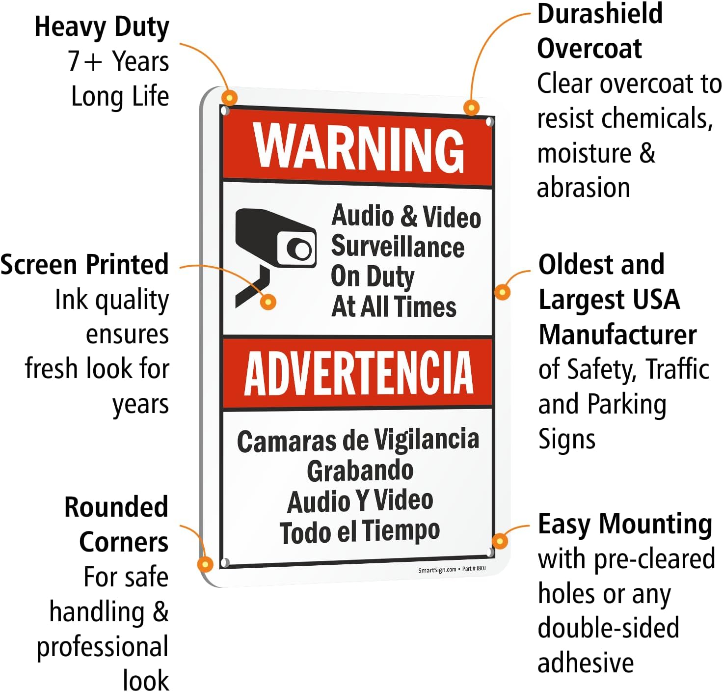 SmartSign 2-Pack 'Warning Audio And Video Surveillance On Duty At All Times' Bilingual Sign - 7" x 10", 40 mil Laminated Rustproof Aluminum Metal, Red, Black and White, Fade-Resistant, Made in USA