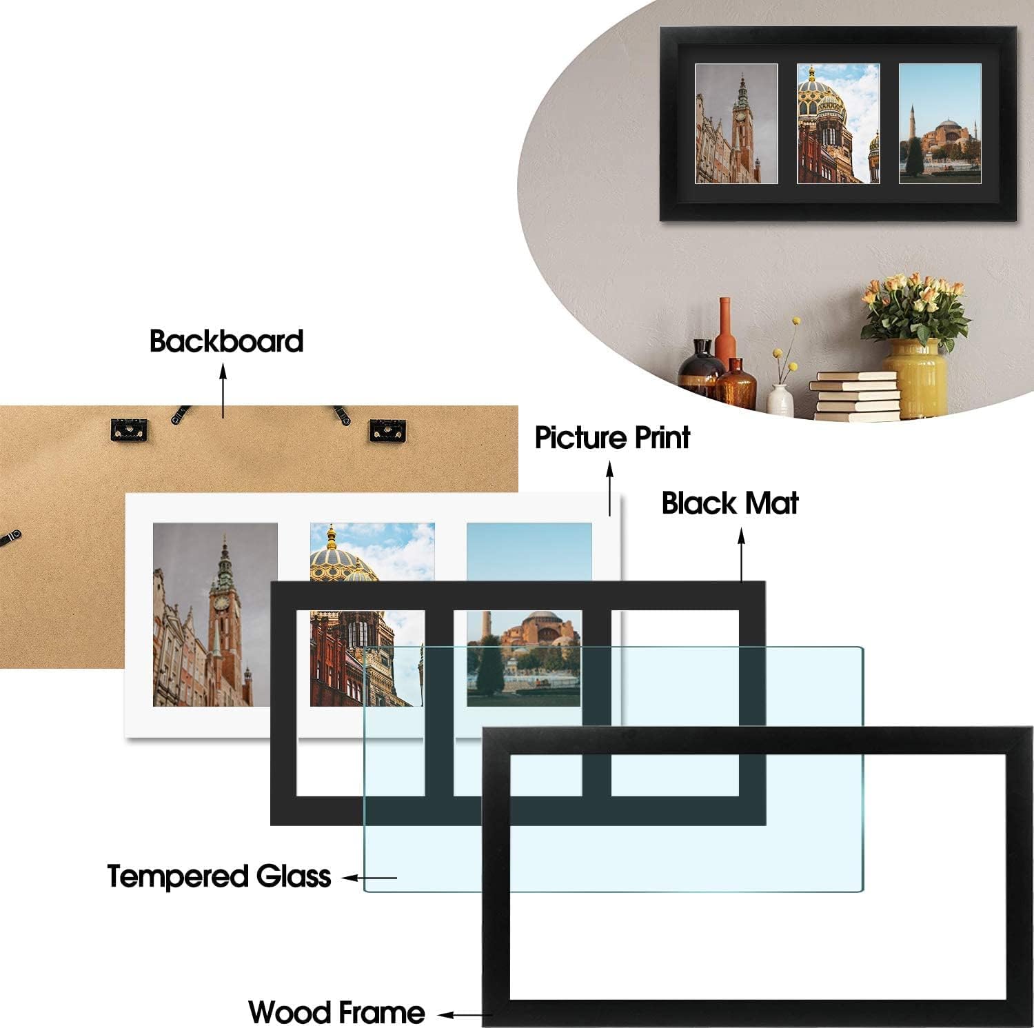 Golden State Art, Set of 10, 9x18 Black Wood Frame - Black Mat for Three 5x7 Pictures - Sawtooth Hangers- Swivel Tabs - Wall Mounting - Landscape/Portrait - Real Glass - Collage Frame