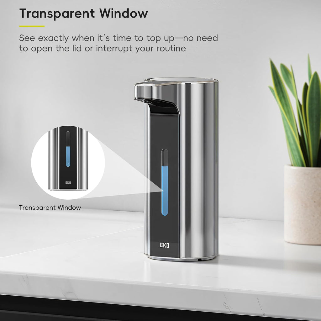 EKO Aroma Pro 13.5 fl oz Touchless Automatic Liquid Soap Dispenser, Rechargeable Hand & Dish Soap Dispenser for Bathroom and Kitchen, Waterproof, Adjustable Volume Control (Chrome Metallic)