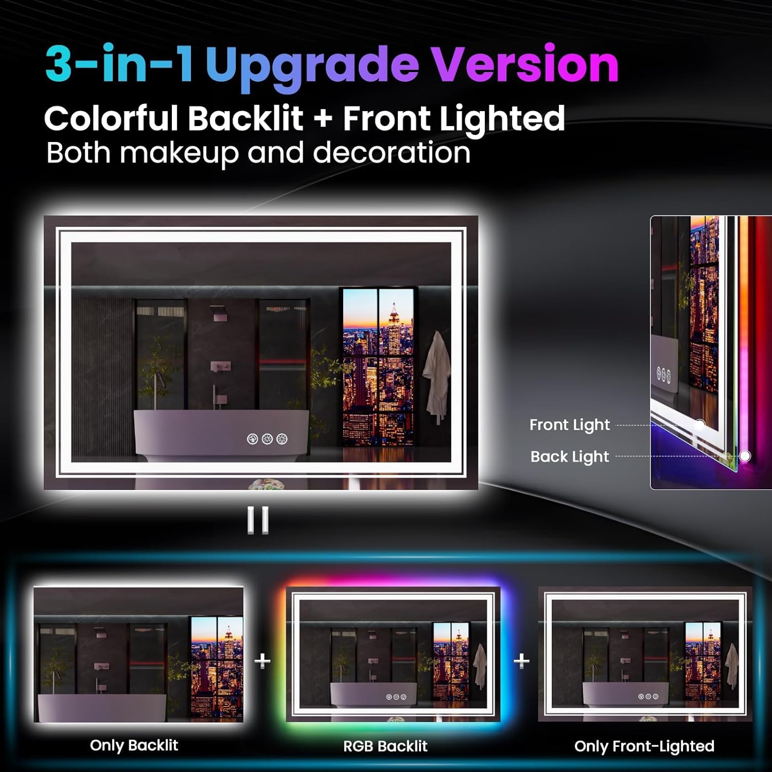 LED Mirror for Bathroom, 55"X30" with 8 RGB Backlit +3 Front Lit (Adjustable Individually), Anti-Fog, Large Lighted Bathroom Vanity Mirror for Wall,Shatterproof,Memory Function,Tempered Glass