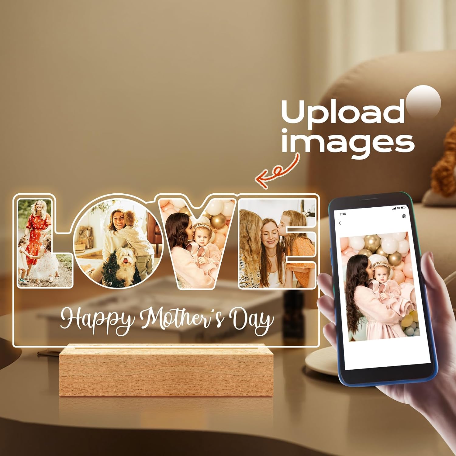 Custom Picture Frame with Photo, Custom Photo Frame with Night Light, Customized Picture Frames, Personalized Valentines Day Gifts for Mom Baby Kid Family