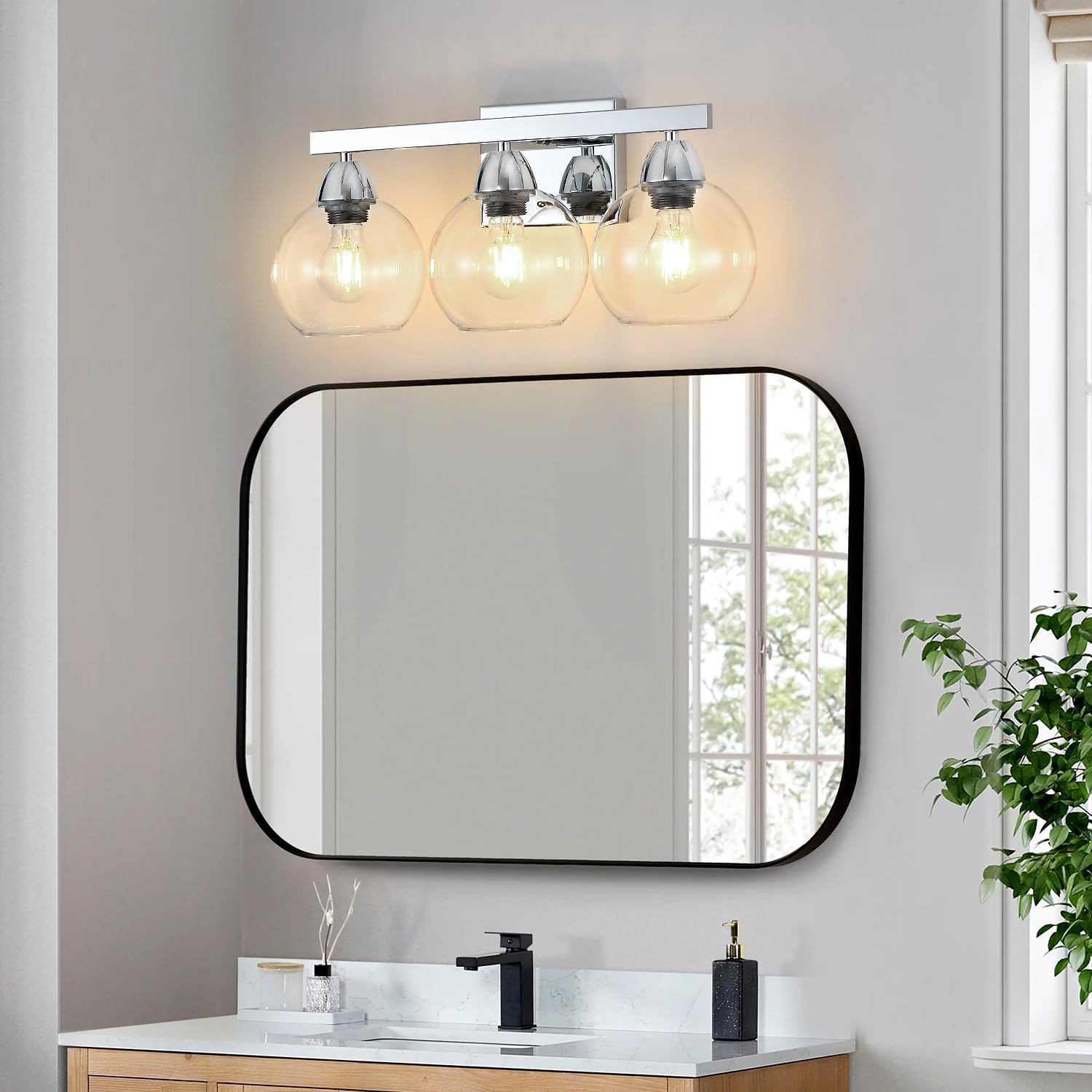Bathroom Light Fixtures, 3-Light Silver Vanity Light with Hand-Blown Thick Glass Shades, High Transparency & Few Flaws, Wall Sconce for Mirror, Kitchen, Bedroom