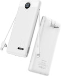 VRURC Portable Charger with Wall Plug, 10000mAh Slim Portable Charger Built in Cables,PD 20W Fast Charging Power Bank with Cords,USB C Portable Phone Charger Travel Accessories -White(1 Pack)