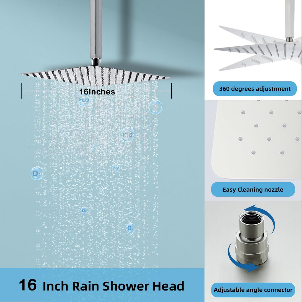 Digital Display Shower System Set 16 Inches Rain Fall Head Temperature Valve Shower Handheld Shower Head Sets for Bathroom Concealed Installation