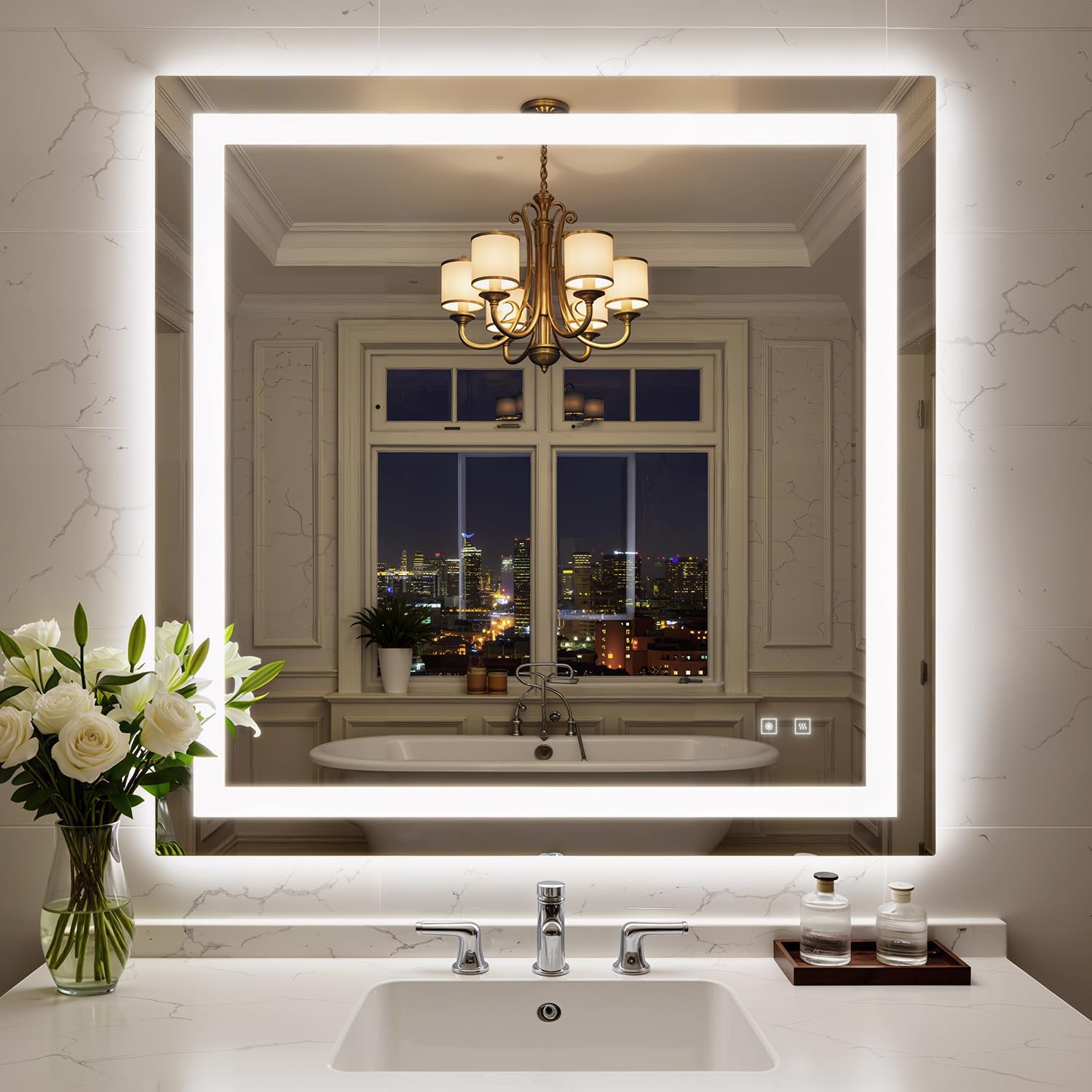 36X36 Inch LED Bathroom Mirror with Lights, Frontlit+ Backlit Bathroom Vanity Mirror for Wall, Ultra-Clear Tempered Glass, Shatter-Proof, Anti-Fog and Memory Function, ETL Listed