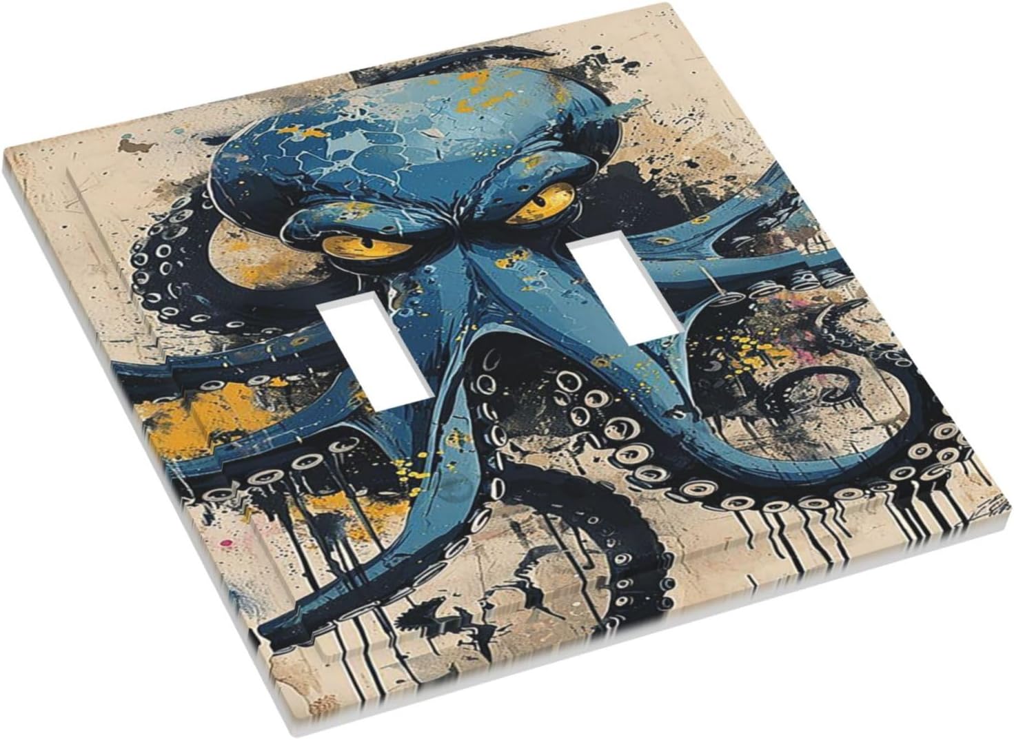 Decorative Switch Plates Nautical Vintage Blue Octopus Yellow Eyes Oil Watercolor 2 Gang Double Toggle Outlet Light Switch Cover Wall Plate Electrical Faceplate for Kids room Nursery Decor