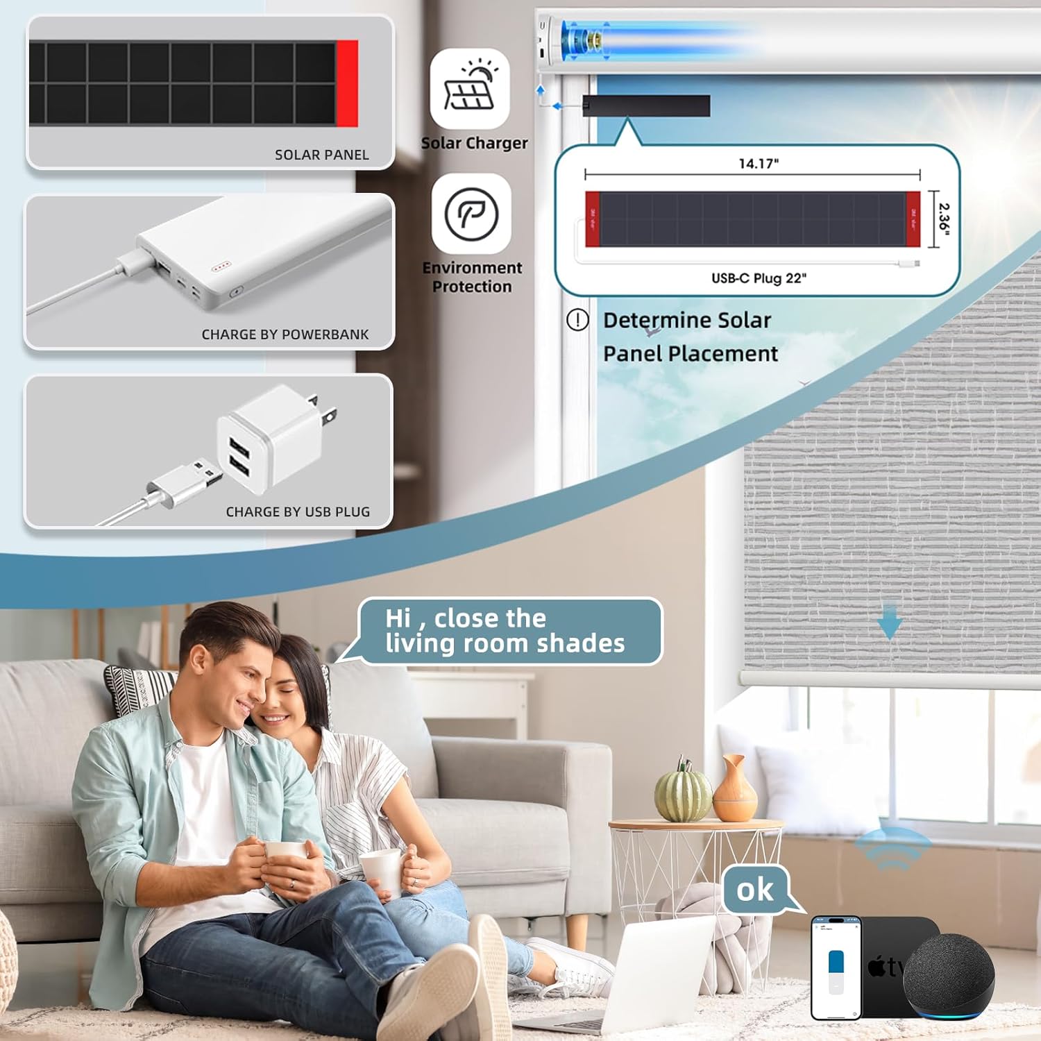 SmartWings Motorized Roller Shades Work with Homekit, 100% Blackout Smart Blinds for Windows, Cordless Remote Control Window Shades, Safar Smoke, Customized Size