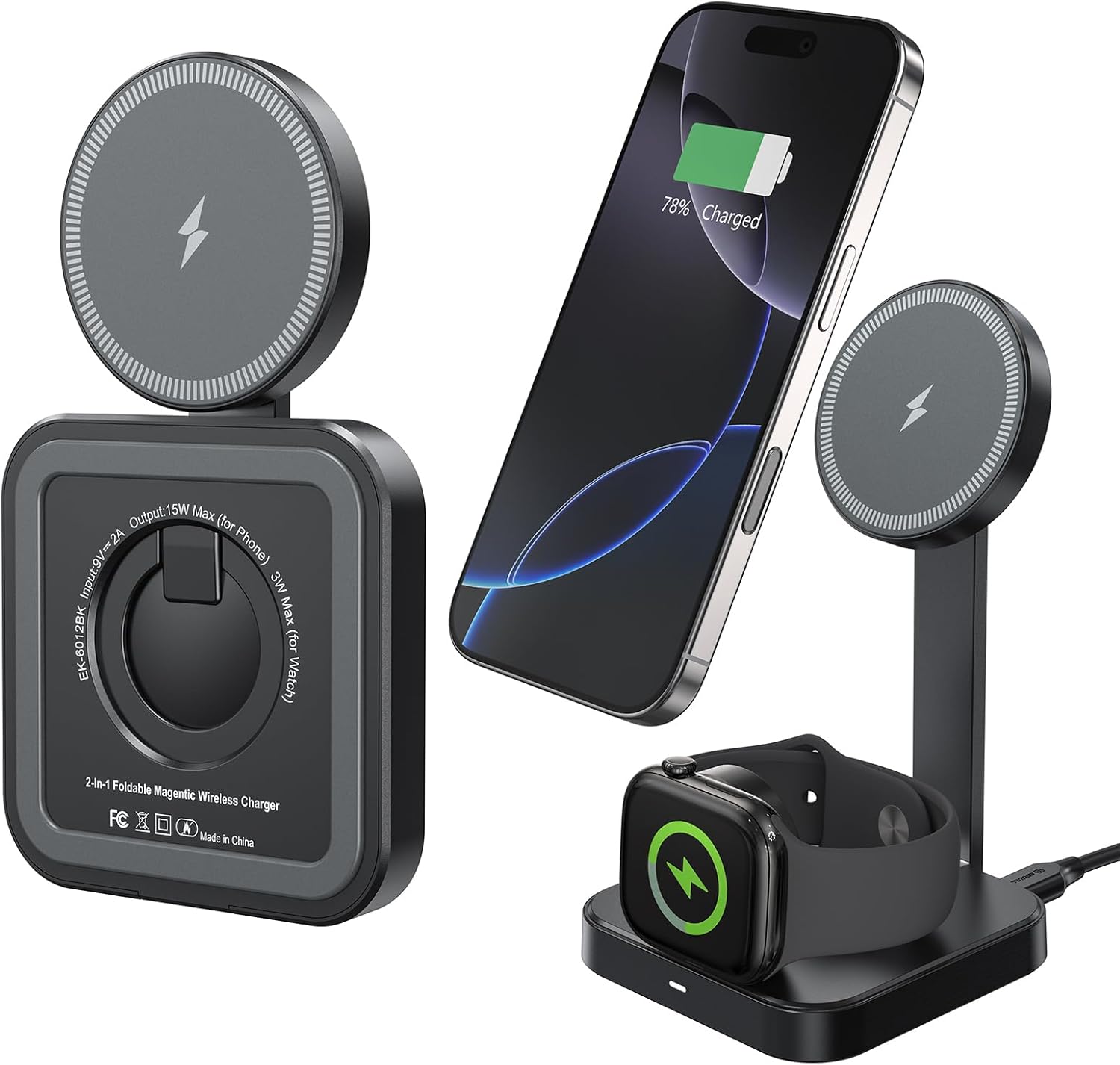 Esoulk 15W 2-in-1 Wireless Charger, Foldable Magnetic Fast Charging Station for iPhone, Apple Watch, and Smart Watch