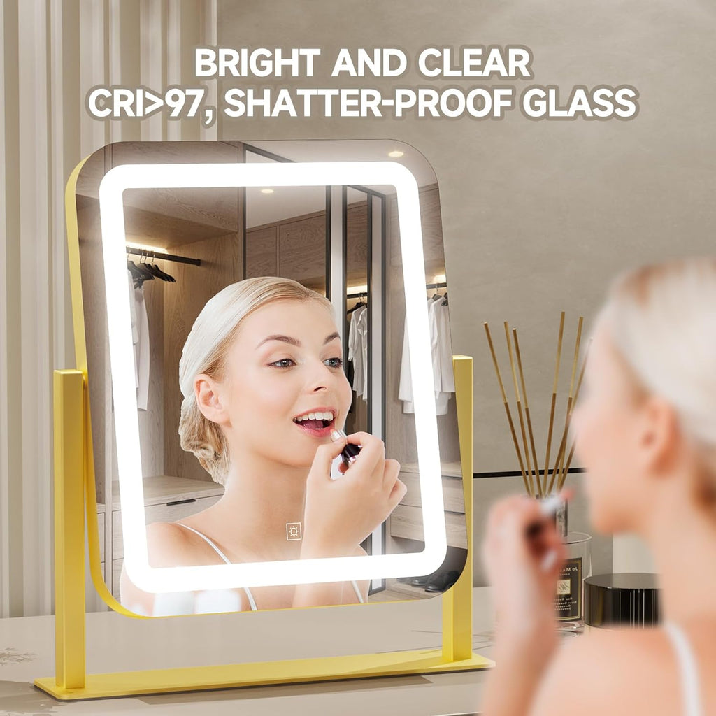 PRIMETEK Vanity Mirror with Lights, 16"x14" Large LED Lighted Makeup Mirror, Hollywood Makeup Mirror, Touch Screen, 3-Color Lighting, 5X Magnification, for Vanity Desk Tabletop, Bedroom, Gold
