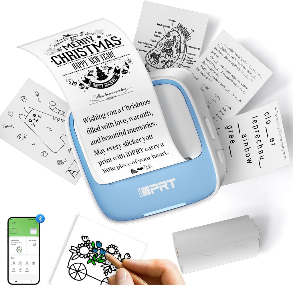 Mini Sticker Printer - S1 Portable Sticker Maker Machine with 1 Roll Sticker Paper, Bluetooth Print Pods Pocket Printer for Study Notes, Graphics, Students, Kids Gift, Free App, Blue