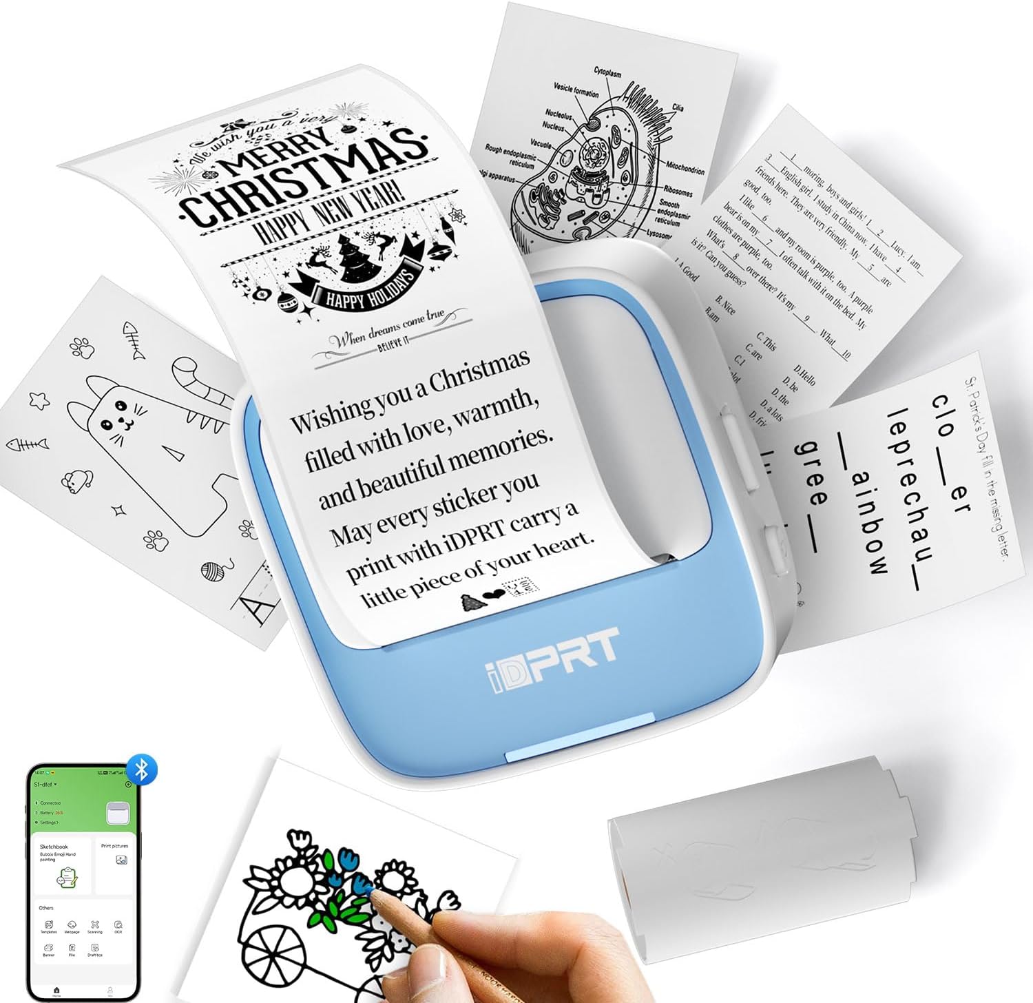 Mini Sticker Printer - S1 Portable Sticker Maker Machine with 1 Roll Sticker Paper, Bluetooth Print Pods Pocket Printer for Study Notes, Graphics, Students, Kids Gift, Free App, Blue