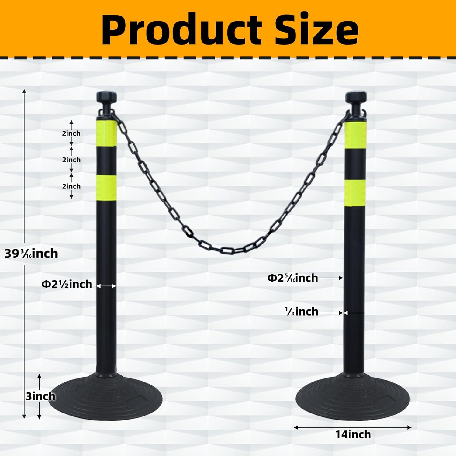 6 Pack 39 Inch Black Traffic Delineator Posts with 2 Green Reflective Stripes, Safety Posts Cones with 6.6 Feet Chains and 14 Inch Rubber Base for Road Safety,Parking Lot (Black)