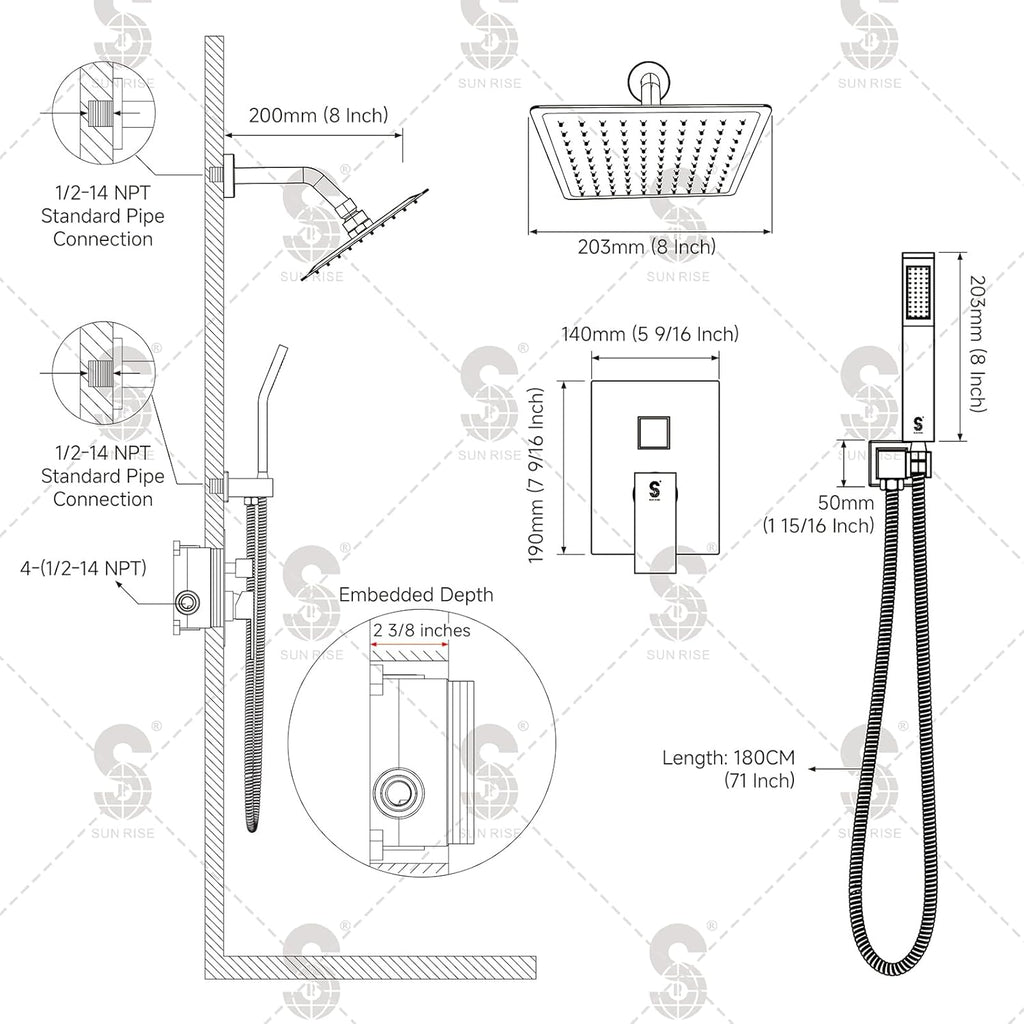 SR SUN RISE Shower System - Shower Faucet Set with 8 Inch Rain Shower Head and Handheld Shower - High Pressure Rain Shower System - All Metal Shower Faucet Trim Repair Kits - Polished Chrome