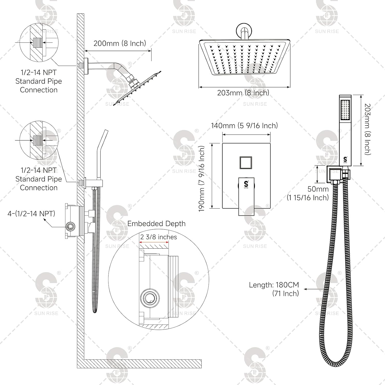 SR SUN RISE Shower System - Shower Faucet Set with 8 Inch Rain Shower Head and Handheld Shower - High Pressure Rain Shower System - All Metal Shower Faucet Trim Repair Kits - Polished Chrome